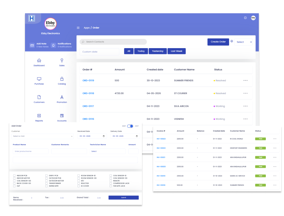 Service and inventory management dashboard interface