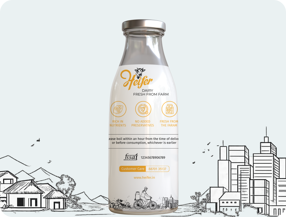 Milk bottle packaging design with clean branding and illustrated city background