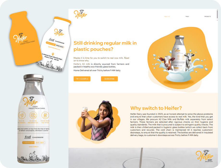 Unified brand system showing business card, packaging, and website design consistency