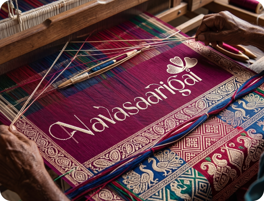 Colorful woven saree laid flat, showcasing intricate patterns and vibrant threads