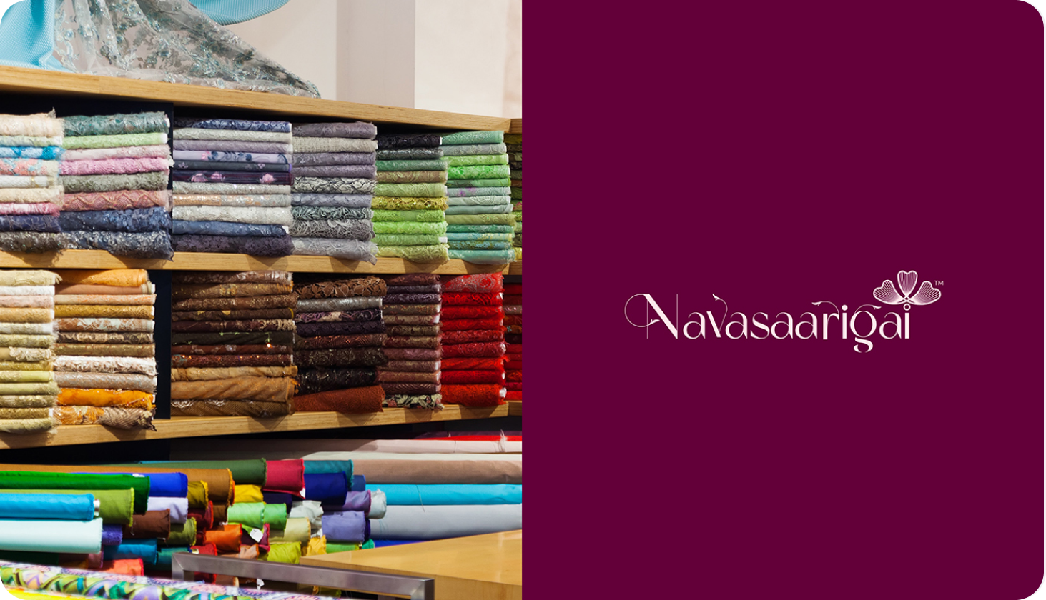 Stacks of colorful silk sarees arranged in a shop, showing rich textures and traditional patterns. Maroon background panel with Navasaarigai branding